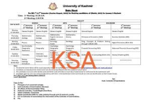 Kashmir University Date sheet for BG 1st, 2nd, 3rd, 4th, 5th and 6th semesters