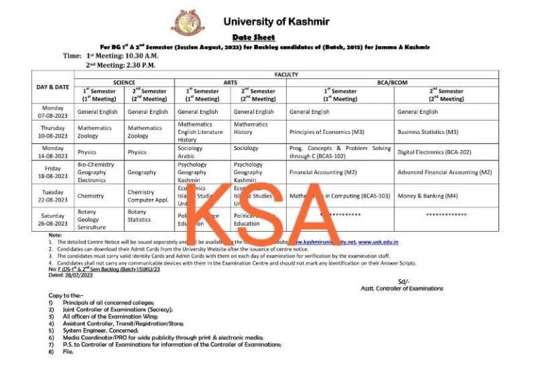 Kashmir University Date sheet for BG 1st, 2nd, 3rd, 4th, 5th and 6th semesters