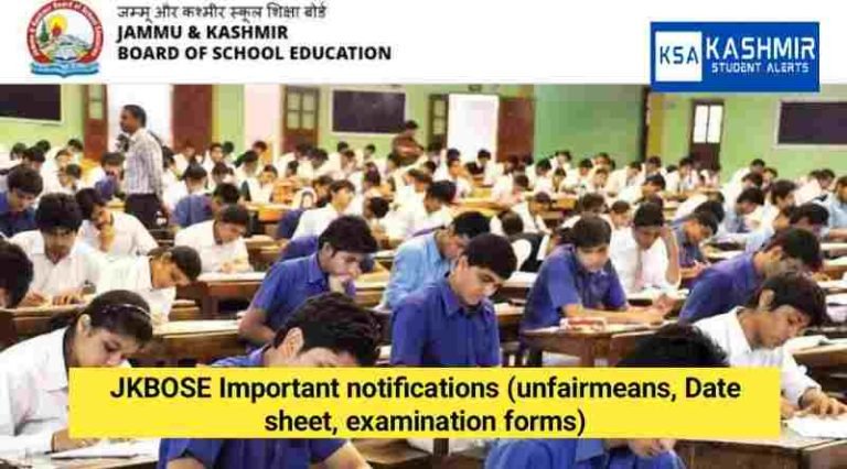 JKBOSE Important notifications (unfairmeans, Date sheet, examination forms)