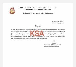 Kashmir University Notification regarding Postponement of B.A.LLB Entrance Test