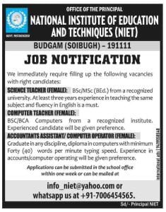 NIET Budgam Jobs Recruitment 2023, Apply for various teaching and other posts