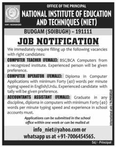 NIET Recruitment 2023 Apply for Accountants Assistant, computer operator/ Teacher posts 1 NIET Recruitment 2023 Apply for Accountants Assistant, computer operator/ Teacher posts