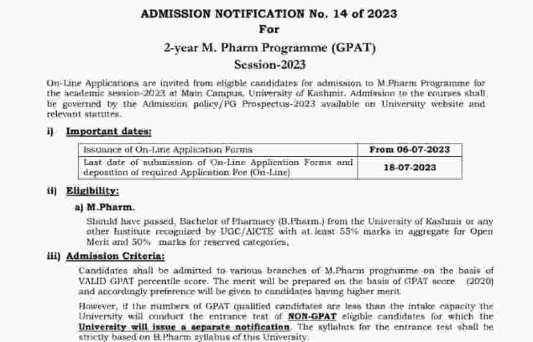KU Admission Notification No. 14 of 2-year M. Pharm Programme (GPAT) Session-2023
