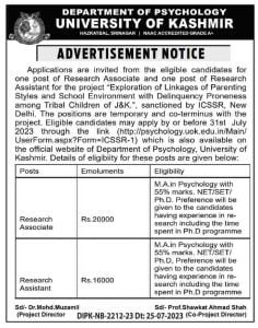 Kashmir University Research Associate/ Assistant Recruitment 2023, Apply now