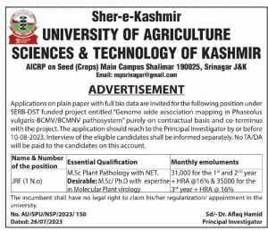 SKUAST Recruitment 2023 Apply for JRF post, Know details here