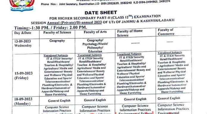 JKBOSE Date Sheet 2023: Class 10th 12th Date Sheet Bi-Annual Private Jammu Kashmir