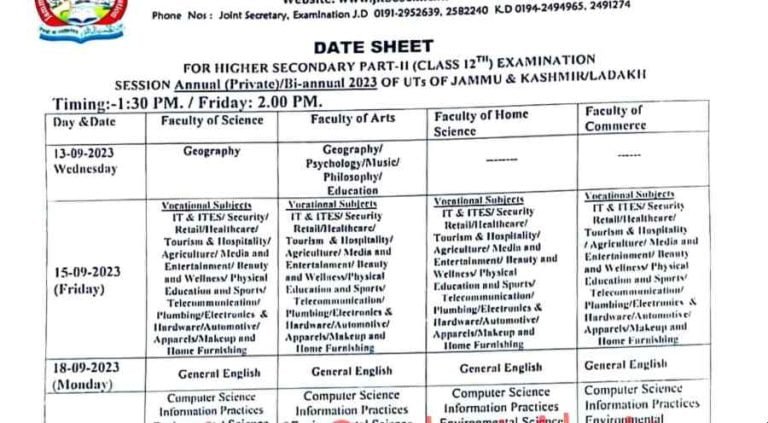 JKBOSE 12th Date Sheet 2023 Bi-Annual Private Jammu Kashmir & Ladakh