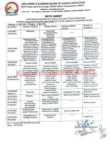 JKBOSE 12th Date Sheet 2023 Bi-Annual Private Jammu Kashmir & Ladakh