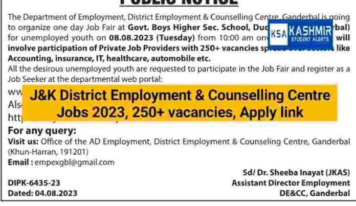 J&K District Employment & Counselling Centre Jobs 2023, 250+ vacancies, Apply link