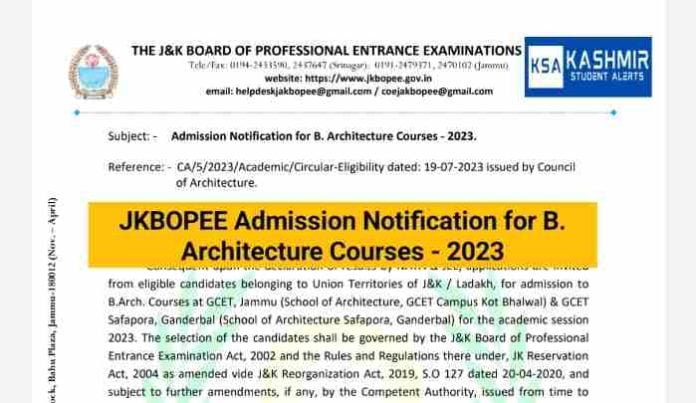 20230806_231027 JKBOPEE Admission Notification for B. Architecture Courses - 2023