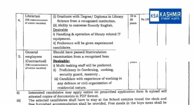 J&K Sainik School Manasbal Recruitment 2023 for Teaching/ non-teaching posts