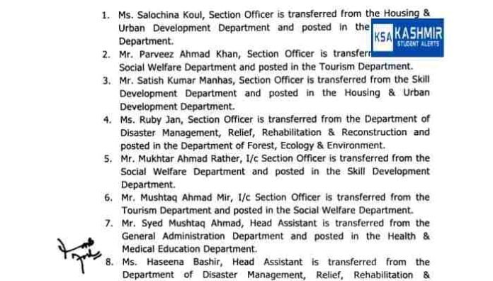Jammu Kashmir: Transfers and Postings of various officers, read order here