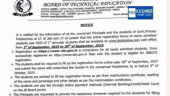 JKBOTE Online registration forms for ist semester students, Apply link, last date