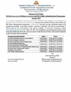KU Entrance Test  M.Tech (Non-GATE), M.Pharm (Non GPAT) and MA Public Administration Programmes Session-2023