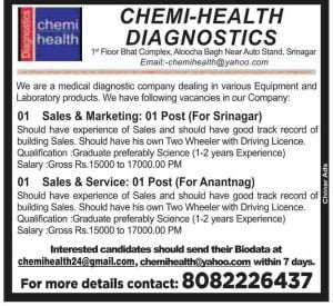 Chemi Health Diagnostics Jobs Recruitment for Sales & Marketing posts