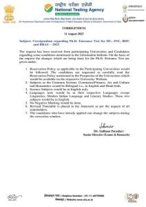 NTA PhD Entrance Test 2023 Important notice 