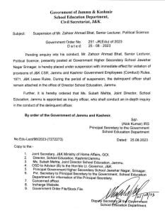 Govt suspends Pol Science lecturer for violating JKCSR rule