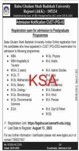 Baba Ghulam Shah Badshah University Admission Notification CUET-(PG) 2023