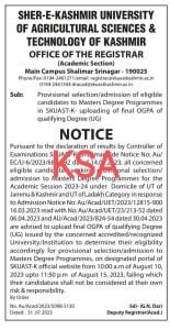 SKUAST Kashmir Provisional selection/admission of eligible candidates to Masters Degree Programmes