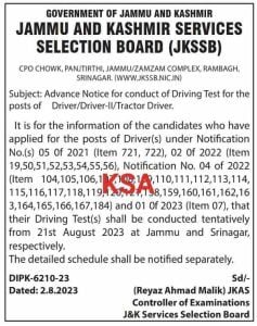 JKSSB Advance Notice for conduct of Driving Test for the posts of Driver/Driver-II/Tractor Drive