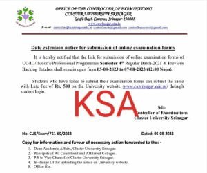 Cluster University Srinagar Date extension notice for submission of online examination forms