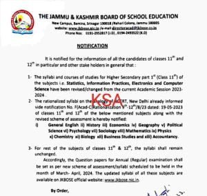JKBOSE 11th 12th Syllabus Revised/ changed Session 2023-2024