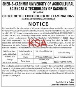 SKUAST Kashmir Recruitment 2023 Apply for Driver, tractor driver posts 1 SKUAST Kashmir Recruitment 2023 Apply for Driver, tractor driver posts