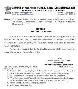 JKPSC Assistant Professor Written Test Notice, admit card release date 1 JKPSC Assistant Professor Written Test Notice