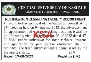 Central University of Kashmir Adversitement Notification for various teaching posts
