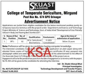 SKUAST Kashmir Recruitment 2023 Apply for JRF posts 1 SKUAST Kashmir Recruitment 2023 Apply for JRF posts