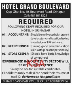HOTEL GRAND Srinagar Jobs Recruitment 2023 for Accountant, Receptionist, Store Keeper