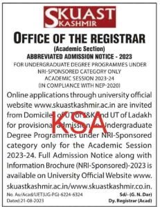 SKUAST Admission Notice 2023 UG Degree programmes