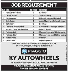 KY Autowheels Srinagar jobs recruitment 2023 for various posts 1 KY Autowheels Srinagar jobs recruitment 2023 for various posts