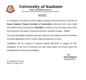 Kashmir University Deputy Registrar/ Deputy Controller Recruitment 2023 1 Kashmir University Deputy Registrar/ Deputy Controller Recruitment 2023