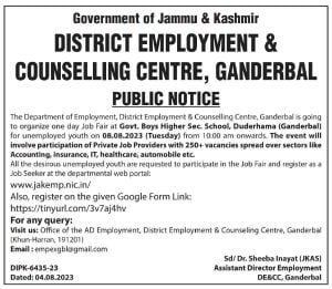 J&K District Employment & Counselling Centre Jobs 2023, 250+ vacancies, Apply link