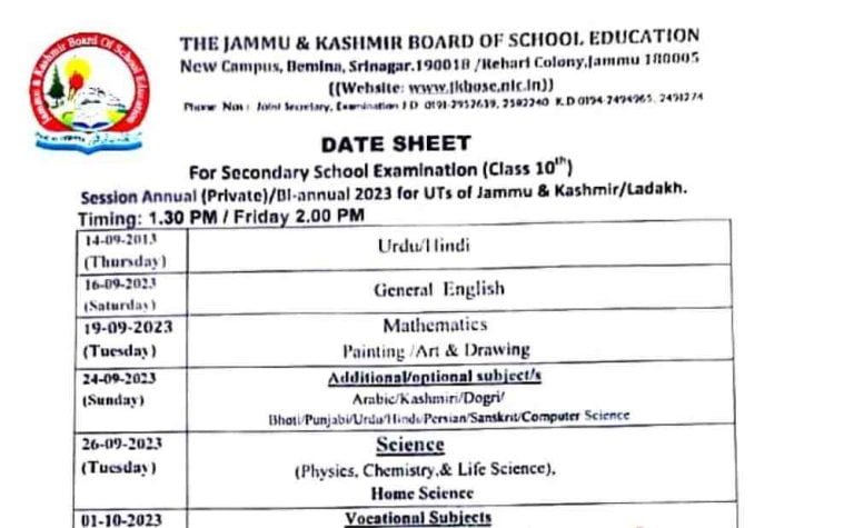 JKBOSE 10th Date Sheet 2023 Bi-Annual Private Jammu Kashmir & Ladakh Download PDF
