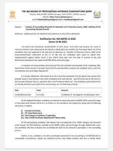 JKBOPEE Conduct of Counselling (Physical) for Admission to B. Pharmacy Course, 2023 1 JKBOPEE Conduct of Counselling (Physical) for Admission to B. Pharmacy Course, 2023