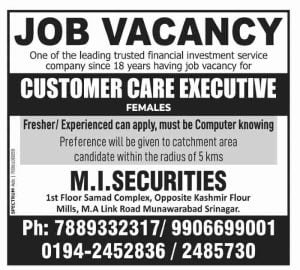 M.I SECURITIES Customer Care Executive females Jobs Recruitment 2023
