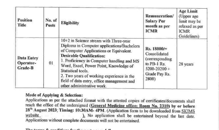 SKIMS Data Entry Operator Jobs Recruitment 2023, Eligibilty, Last date