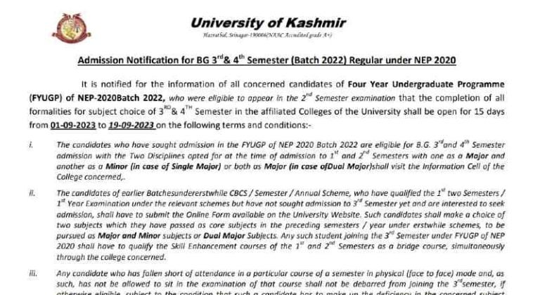 KU Admission Notification for BG 3rd & 4th Semester (Batch 2022) Regular under NEP 2020