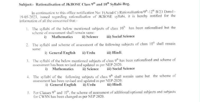 Rationalisation of JKBOSE Class 9th and 10th Syllabus