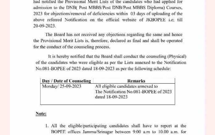 JKBOPEE Admission to the DNB Courses for the Session 2023