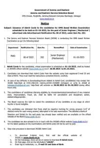 JKSSB Junior Engineer Admit Cards Download link @jkssb.nic.in