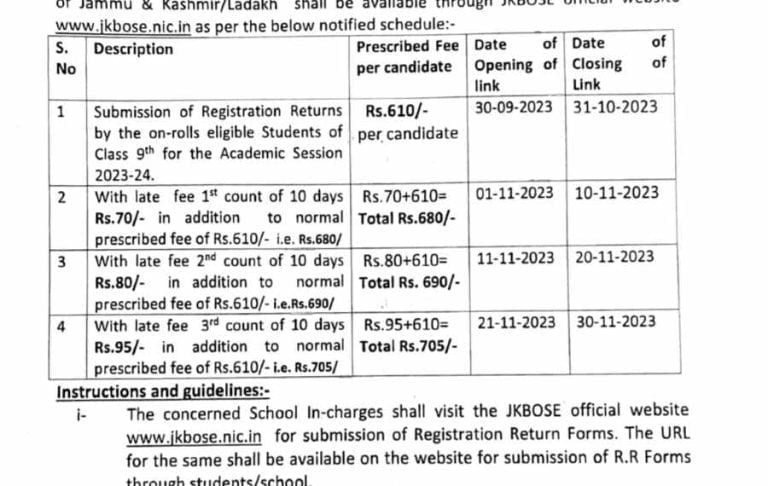 JKBOSE 9th Class Online Registration Returns Academic Session 2023-24