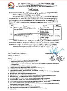 JKBOSE Important Notification for classes 10th and 12th
