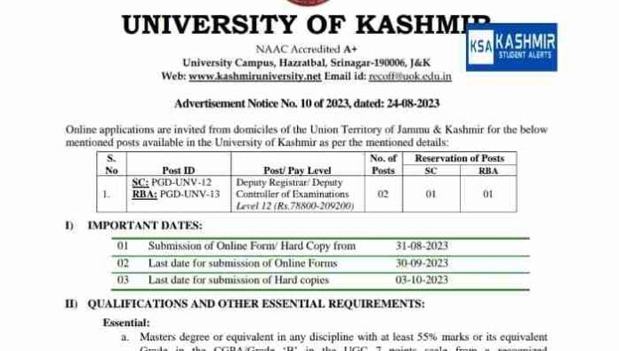 KU Deputy Registrar/ Deputy Controller Recruitment 2023 Apply online, Last Date