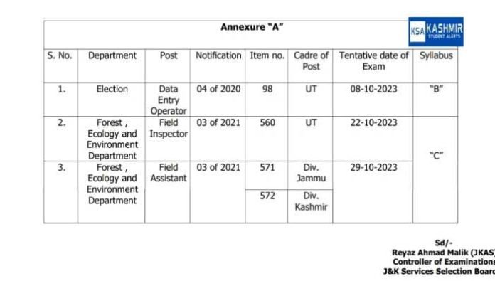 JKSSB Examination Calendar 2023 for various posts