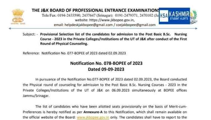 JKBOPEE Provisional Selection list for Post Basic B.Sc. Nursing Course - 2023