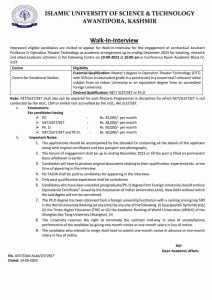 IUST Jobs Recruitment 2023 for contractual Assistant Professor posts