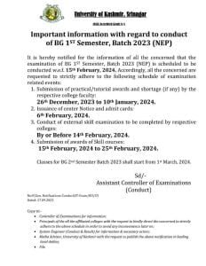 JKSSB Important information with regard to conduct of BG 1ST Semester, Batch 2023 (NEP)